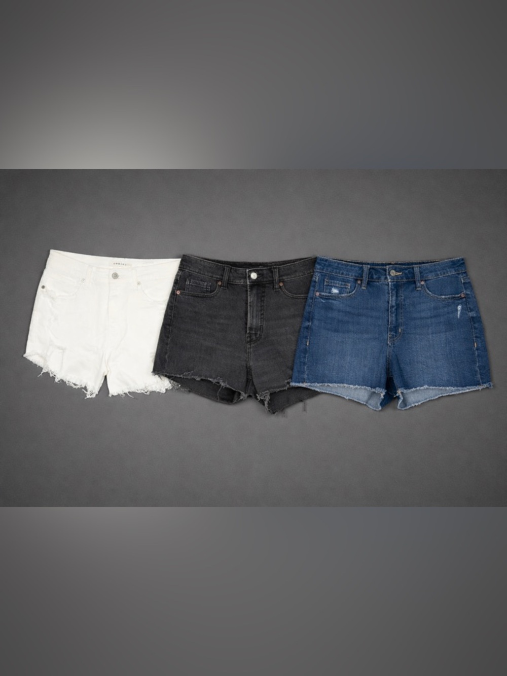 Size 10 - 3 Pair Bundle | Denim Cutoff Shorts Trio in White, Black & Blue LNC